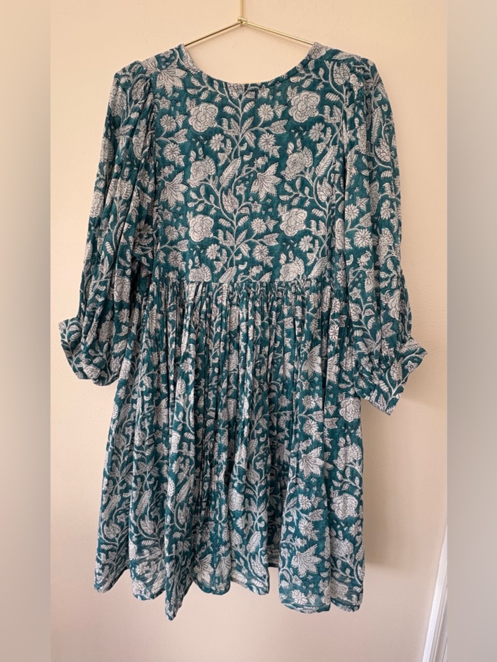 Dolma Floral Boho Mini Dress Size M Teal Tassel Tie Peasant - Picture 4 of 4